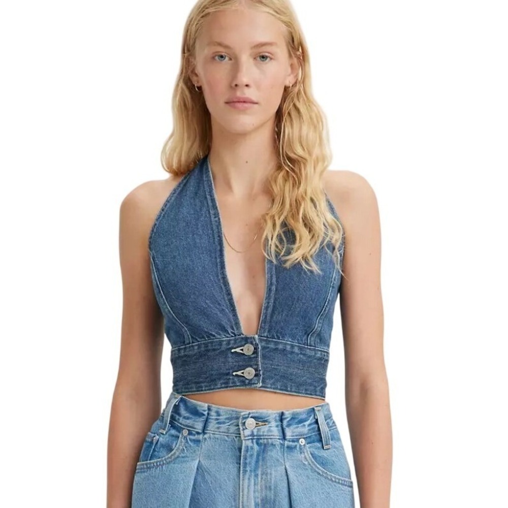 Levi's Halter Top Women M Blue Denim Smocked Back V-Neck A4875-0000